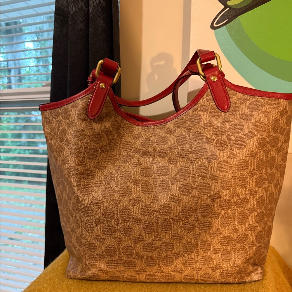 Coach Red and Tan Signature Tote Bag